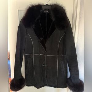 Marvin Richard’s Black Suede Jacket Coat with Real Fox Fur Trim Size Small